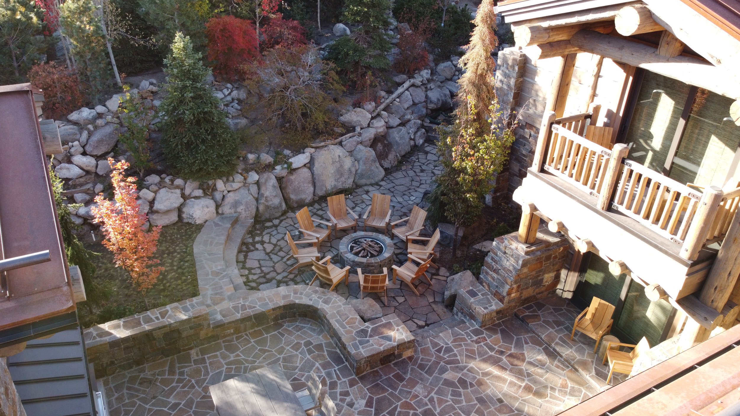 •	Elevated View of Mountain Home Outdoor Gathering Space in Mammoth Lakes, CA