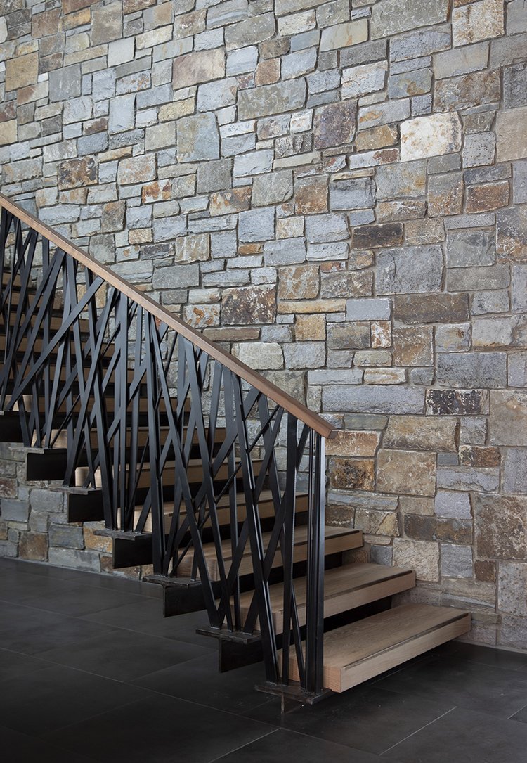 Modern Staircase with Stone Wall in Mammoth Lakes, CA