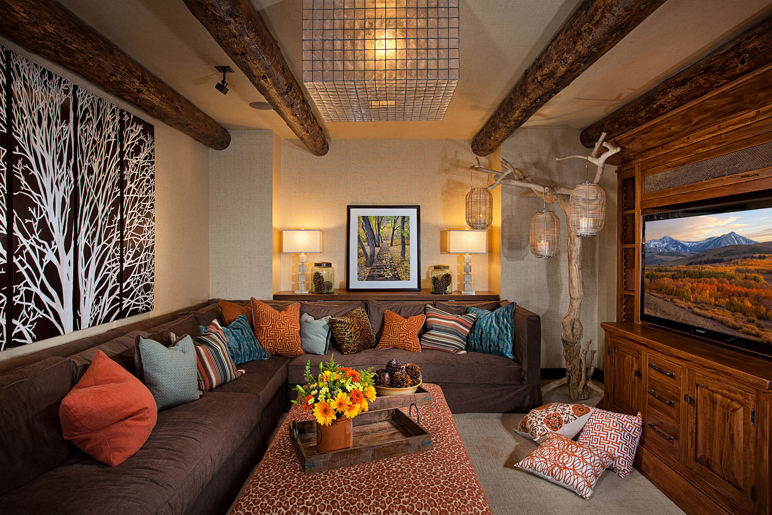 Media Room with Wooden Beams and Colorful Pillows in Mammoth Lakes, CA