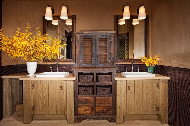 Rustic Bathroom with Wooden Vanities and Floral Decor in Mammoth Lakes, CA