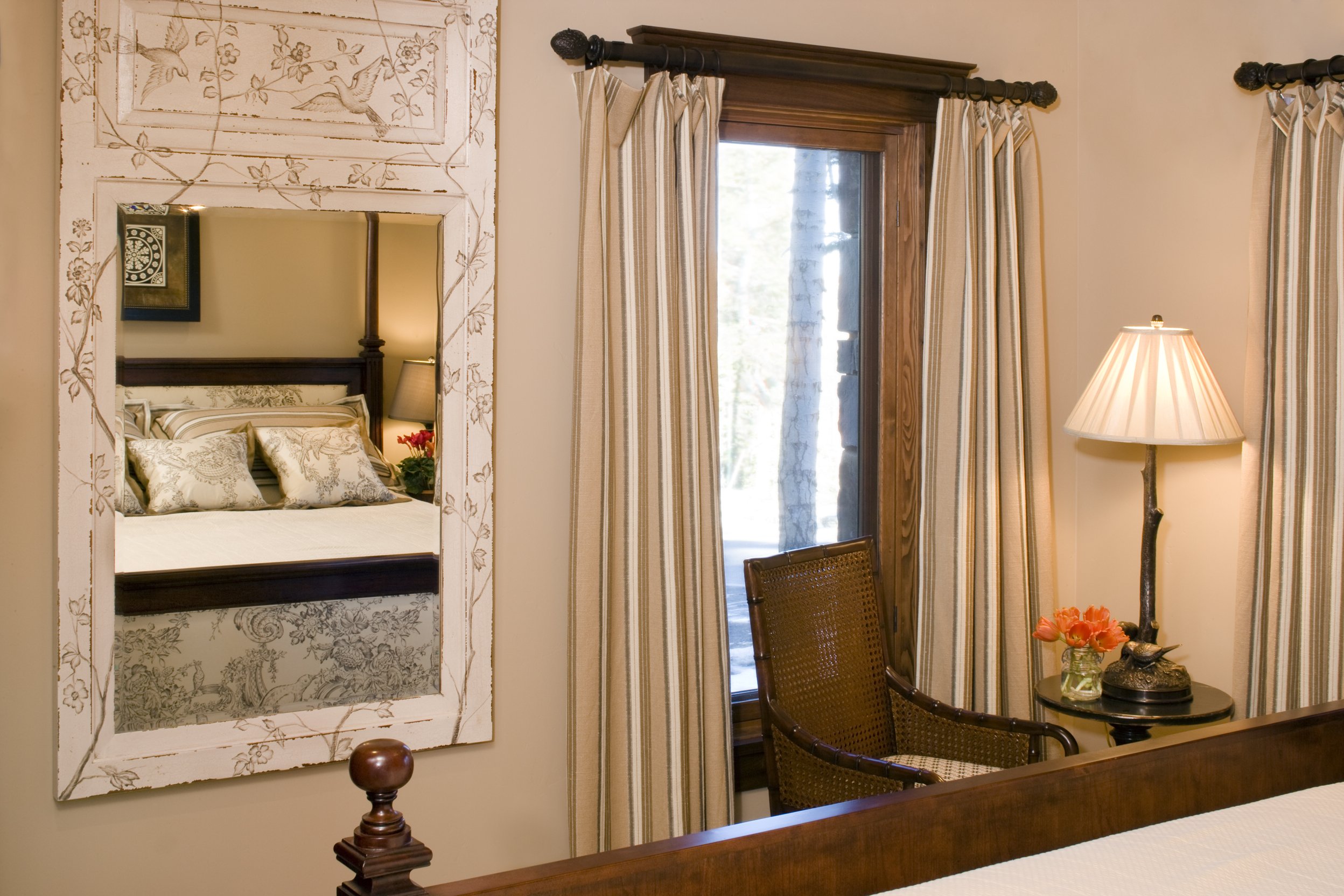 Charming Rustic Bedroom Detail with Mirror in Mammoth Lakes, CA