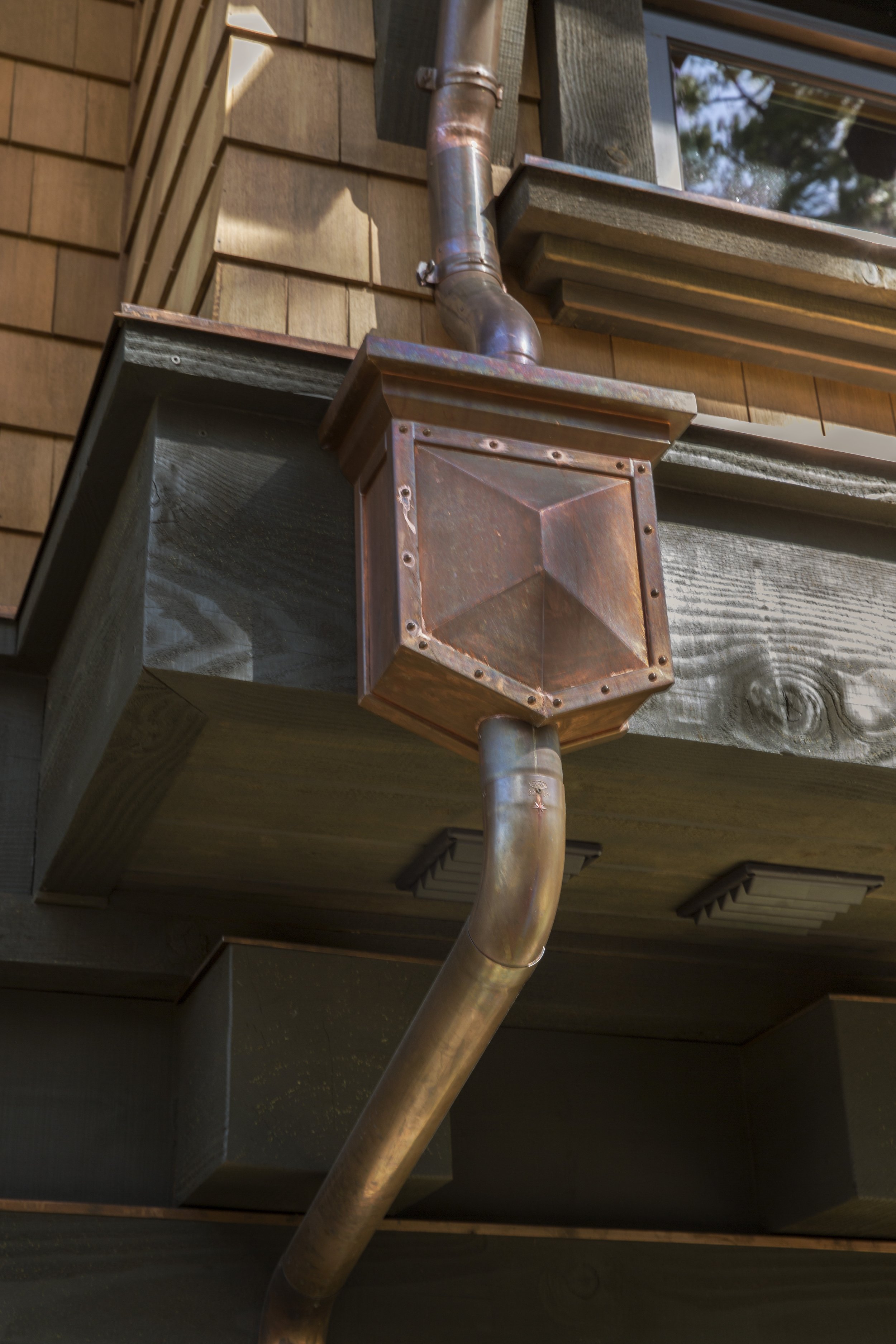 Tahoe Martis Camp, CA Exterior Copper Gutter Box - Craftsman Greene and Greene Style