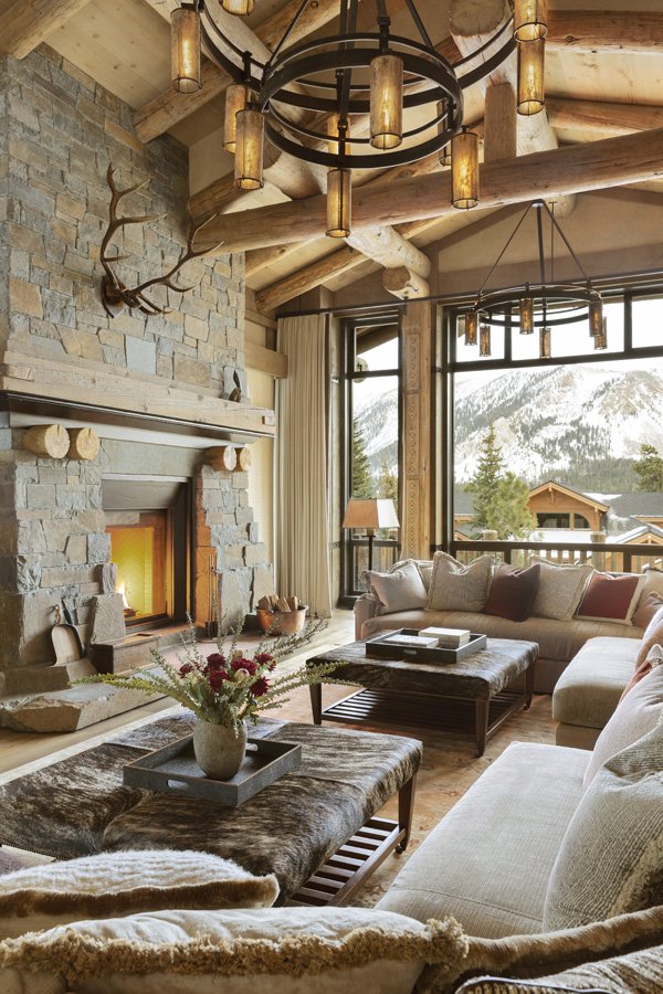 Elegant Mountain View Living Room Design by Brown Design Group in Mammoth Lakes, CA