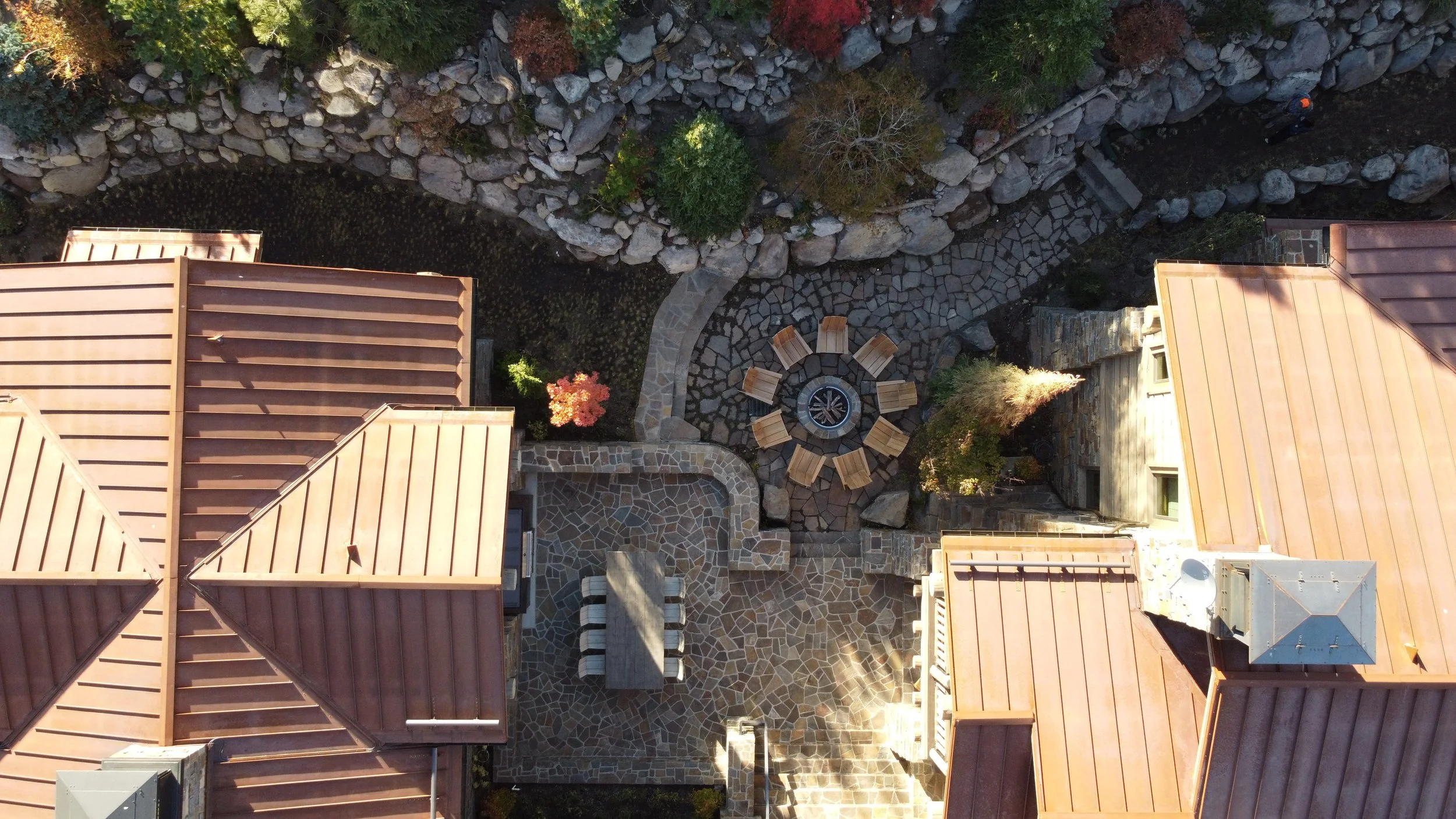 Aerial Perspective of Mountain Home in Fall Seating Area in Mammoth Lakes, CA