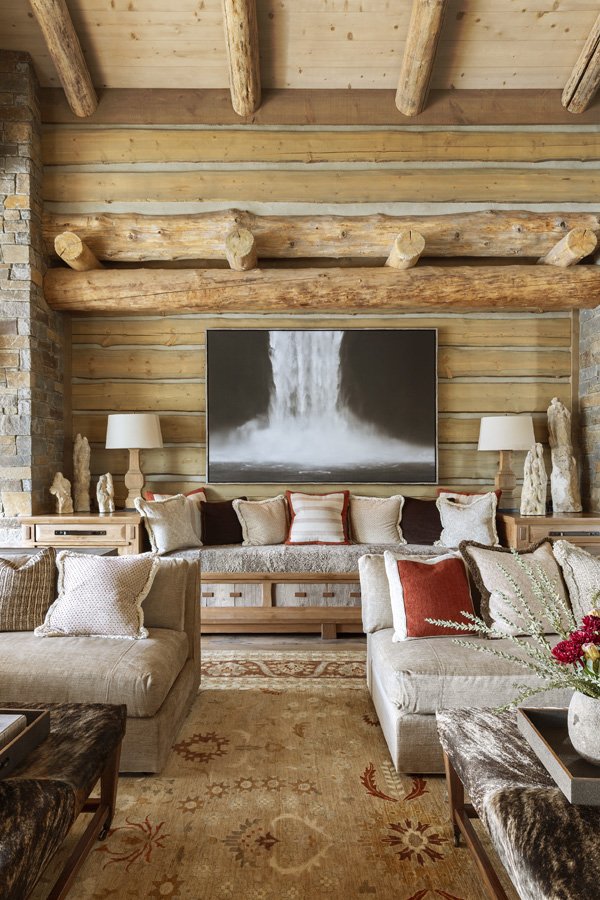  Luxurious Rustic Living Room in Mammoth Lakes, CA  Waterfall Artwork by Christina Craemer 