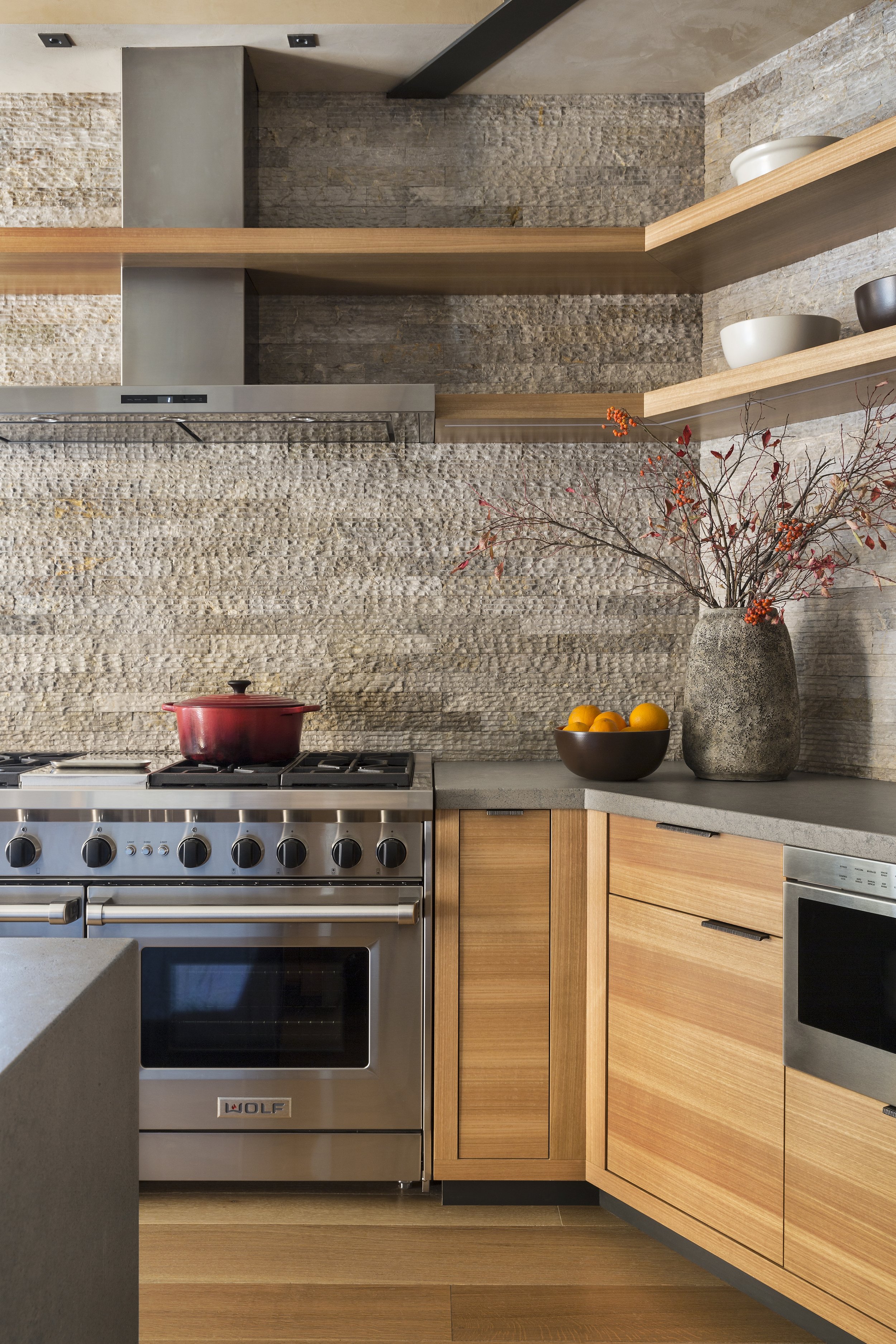 Modern Kitchen with Stainless Steel Range and Open Shelves in  McCall, Idaho Home