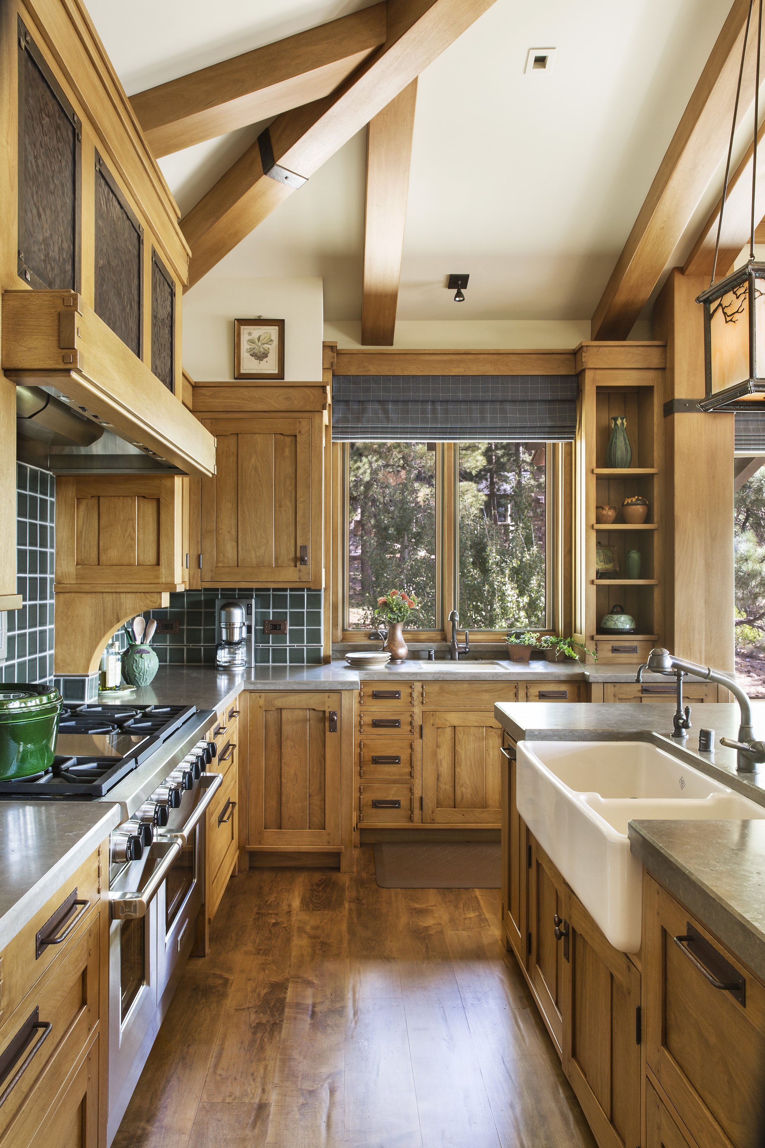 Tahoe Martis Camp, CA Kitchen with Farmhouse Sink and Green Tile Backsplash