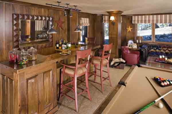 Custom Rustic Mountain Game Room with Bar and Barstool Chairs in Mammoth Lakes, CA