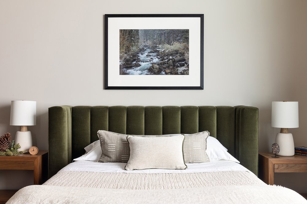 Modern Bedroom with Custom Made Green Headboard Mammoth Lakes, CA