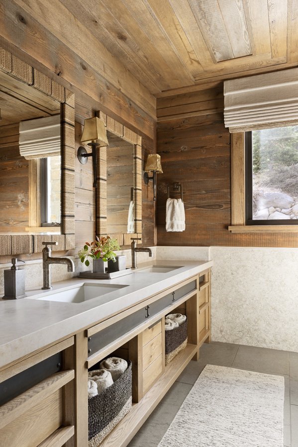 Rustic Modern Mountain Bathroom with Vanity and Sconce Pendants in Mammoth Lakes, CA