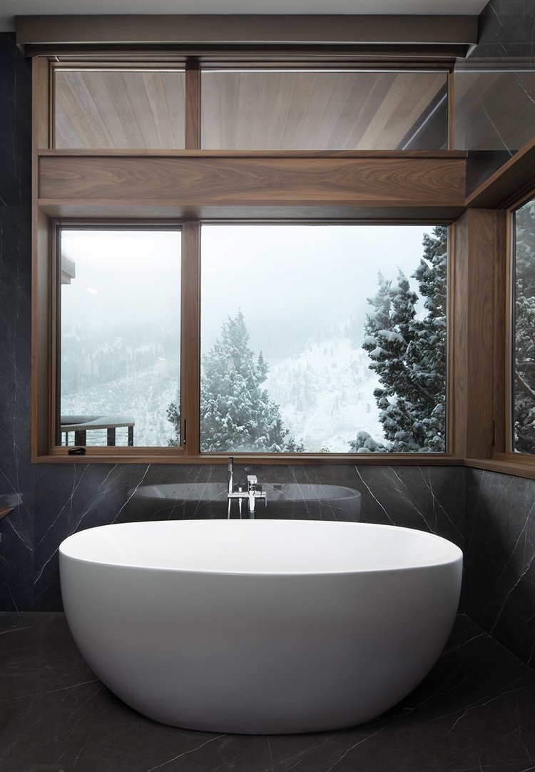Modern Mountain Bathroom with snowy Mountain Background in Mammoth Lakes, CA