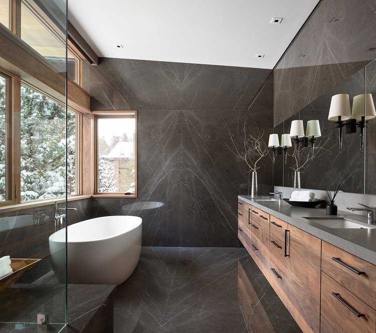 Modern Mountain Bathroom with Vanity and Sconce Pendants in Mammoth Lakes, CA