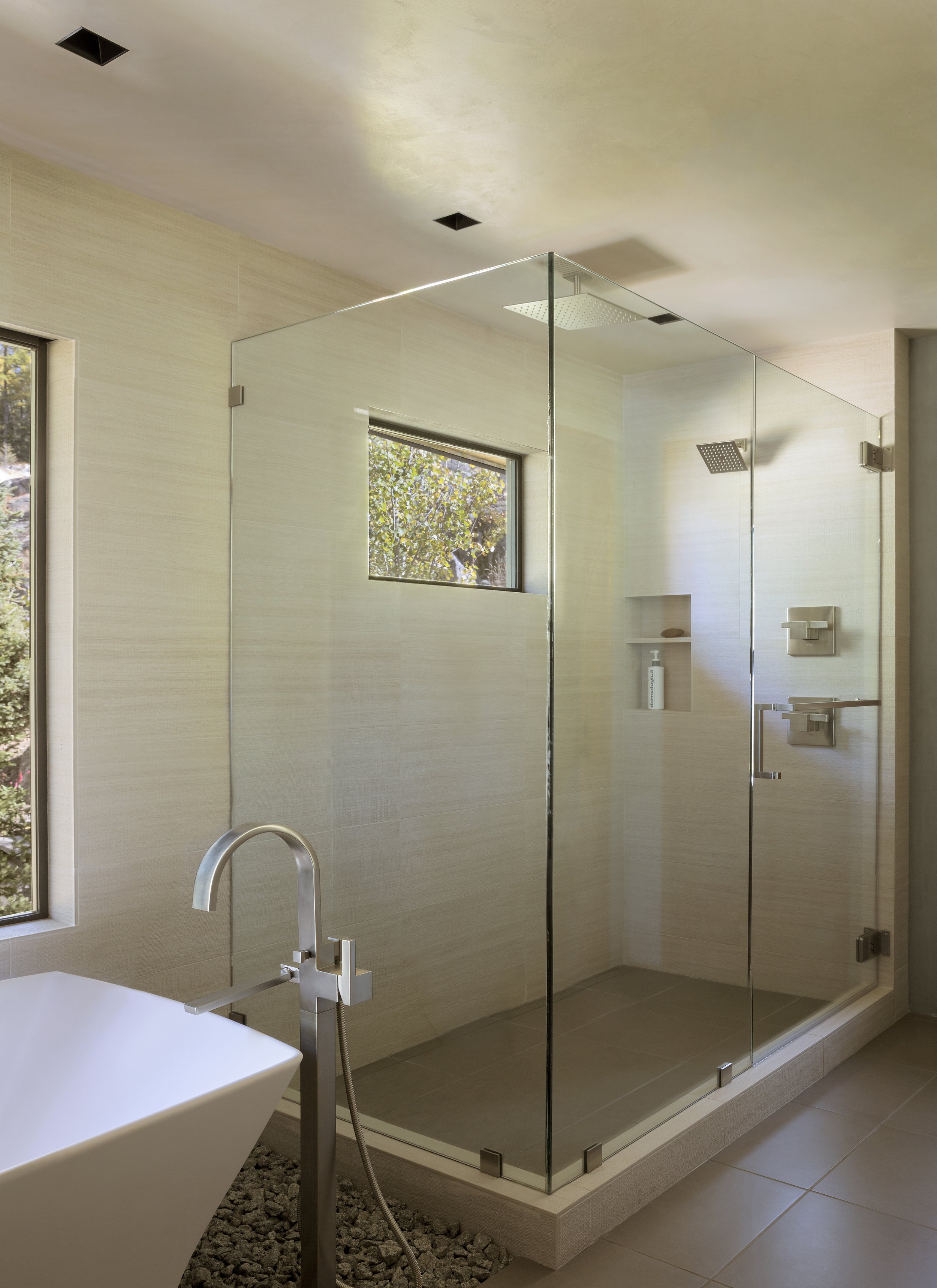 Modern Serene Bathroom with Custom Sauna Steam Shower in McCall, Idaho