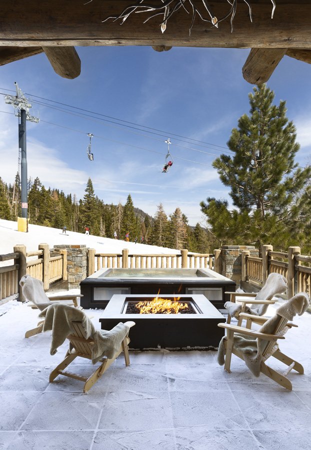 Snowy Patio View in Custom Built Ski in Ski Out Lodge in Mammoth Lakes, CA